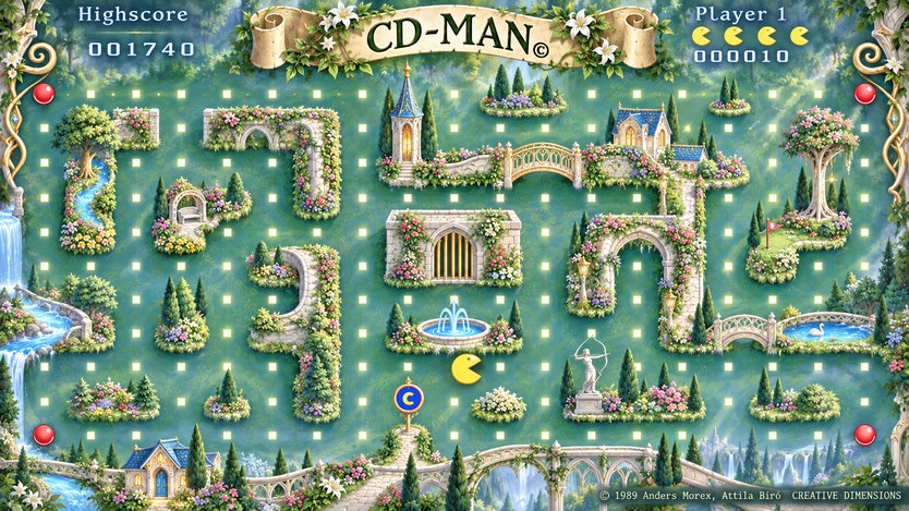 Concept art for a new CD-Man world: an elven forest with white stone bridges, a fountain and a swan lake, laid out on the original forest maze