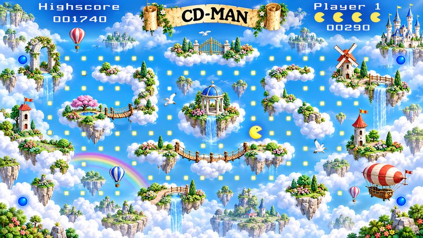 Concept art: floating islands in the clouds with rope bridges, balloons and an airship, on the original forest maze