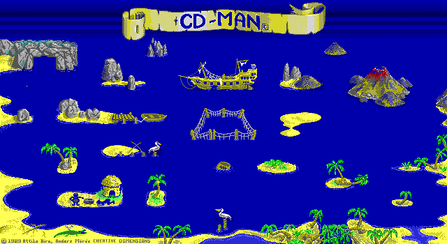 The South Pacific world of CD-Man 1989: blue sea, islands, a pirate ship and a volcano